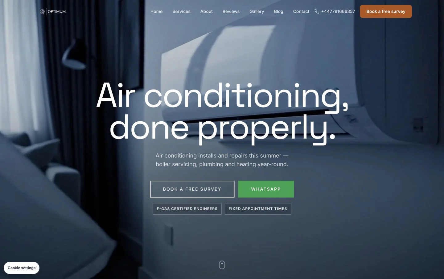 Optimum HVAC’s website introducing air conditioning and its other home services
