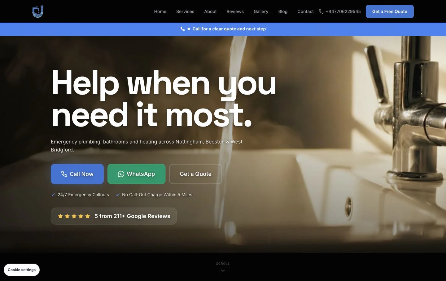 Tami Plumbing’s website with its emergency plumbing headline and contact options